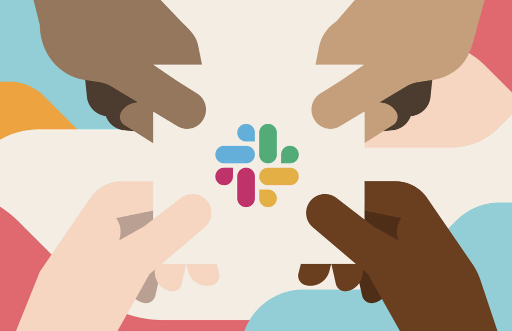 people holding a slack logo